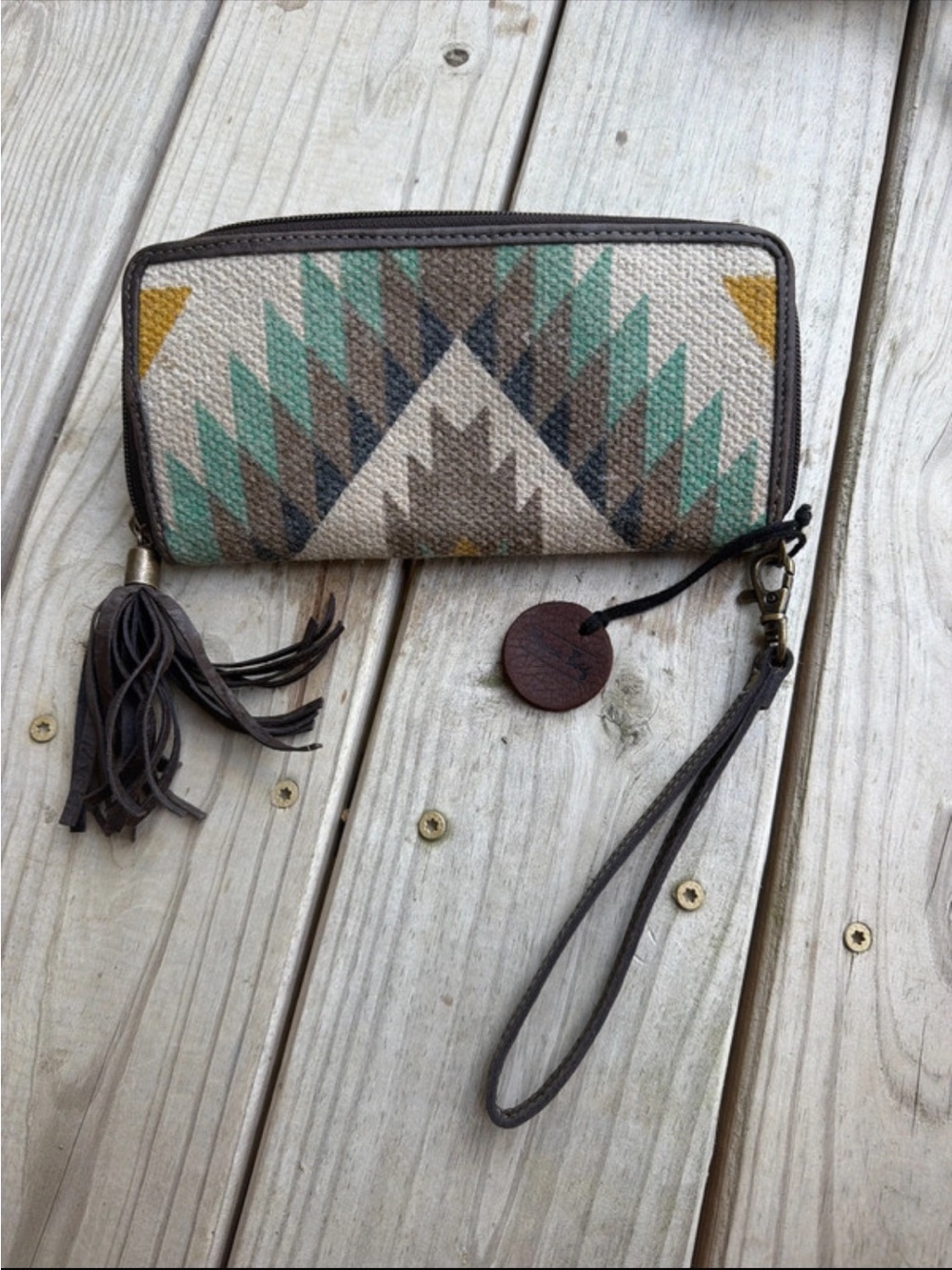 Myra Bag Aztec Canvas Wristlet in Teal, Brown, Cream & Mustard